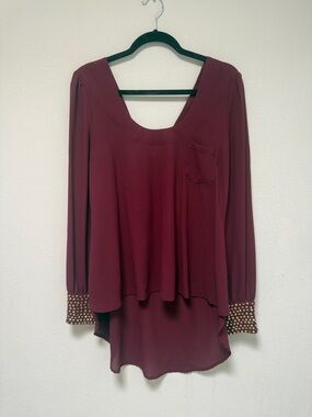 Womens Burgundy Long-Sleeve Layered Blouse